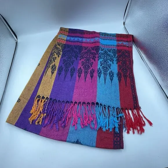 Pashmina Scarf Wrap Shawl 100% Pashmina Multicolor Fringe Boho 68x27 In - Picture 4 of 9